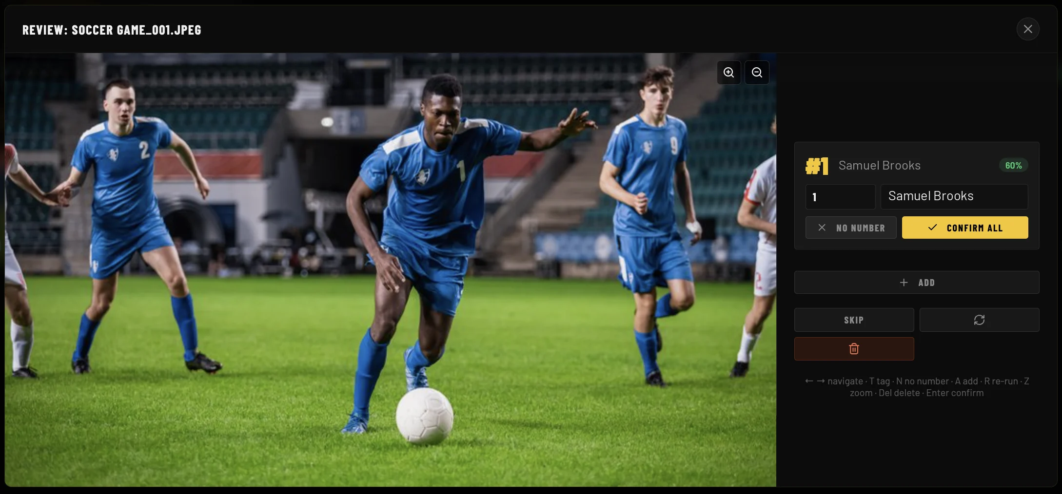 Fieldframe review screen: soccer photo with jersey number 1 detected at 60% confidence and the player name Samuel Brooks, ready to confirm